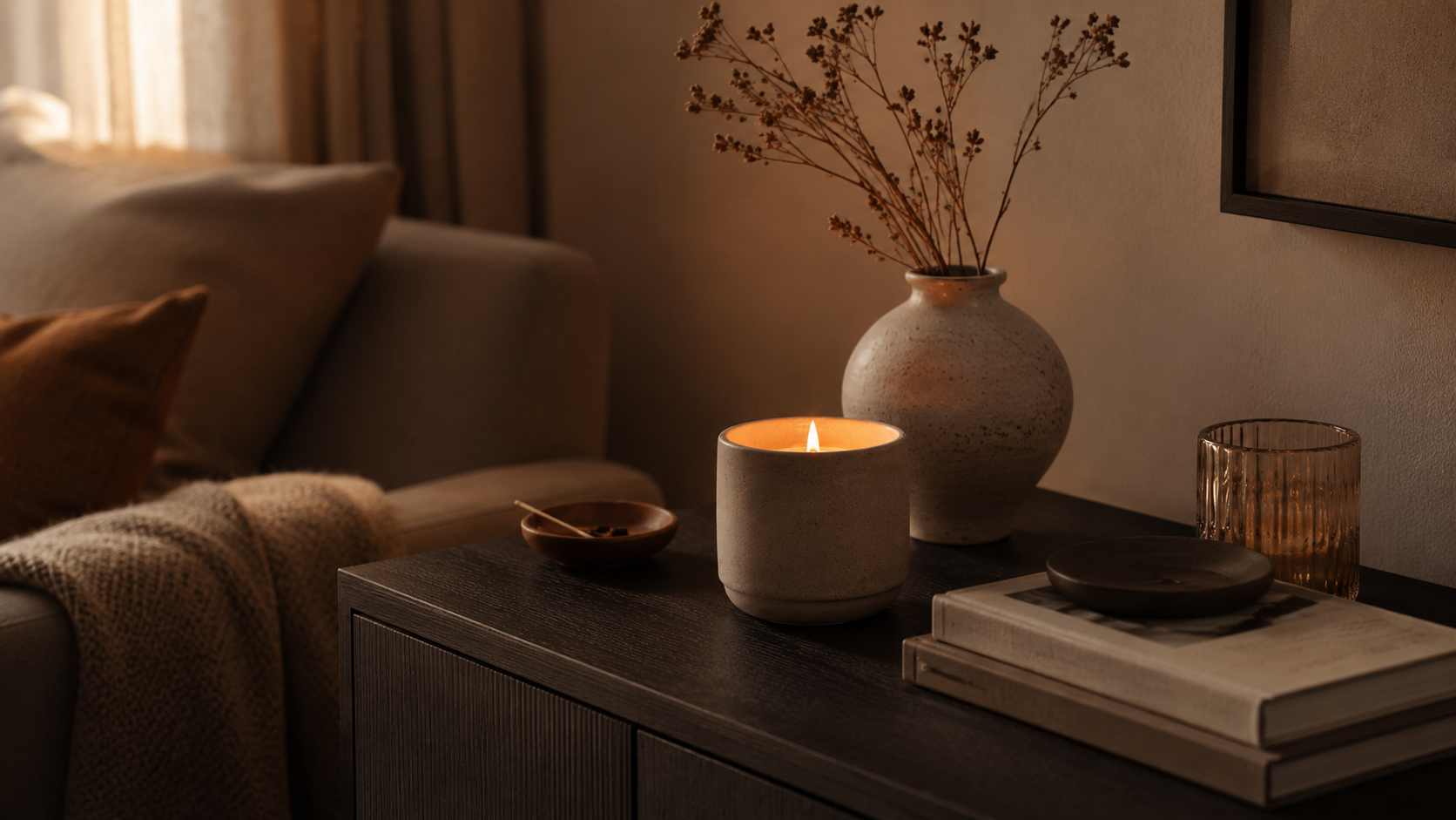 A lit candle styled with books, a vase, and natural decor on a dark coffee table.