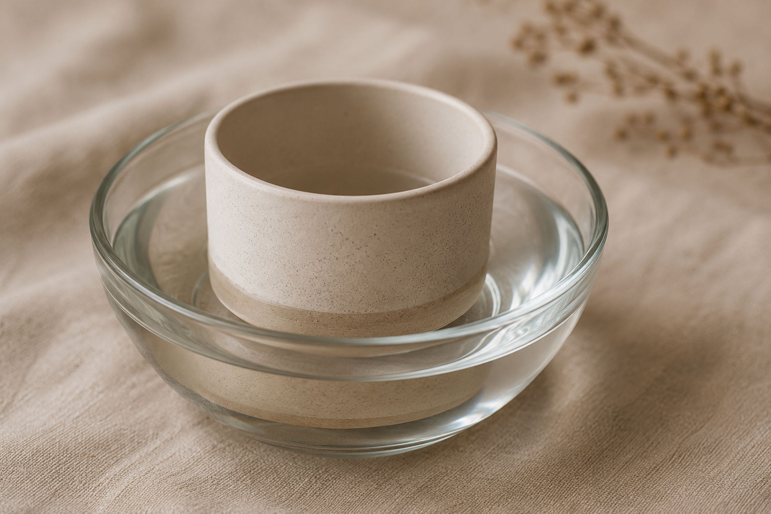 Handmade ceramic candle vessel placed in a bowl of warm water to soften remaining candle wax